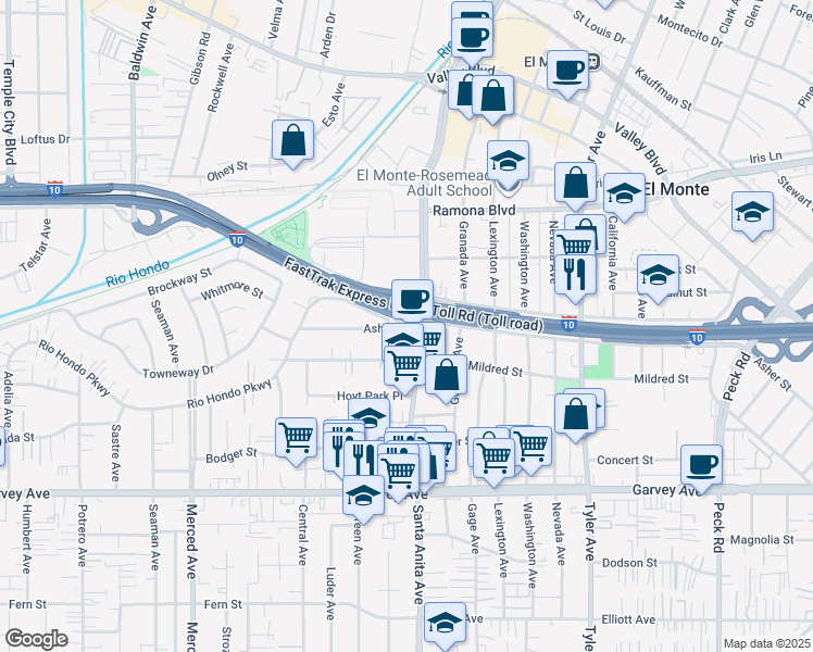 map of restaurants, bars, coffee shops, grocery stores, and more near 10521 Asher Street in El Monte