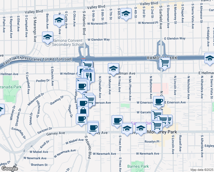 map of restaurants, bars, coffee shops, grocery stores, and more near 527 North Moore Avenue in Monterey Park