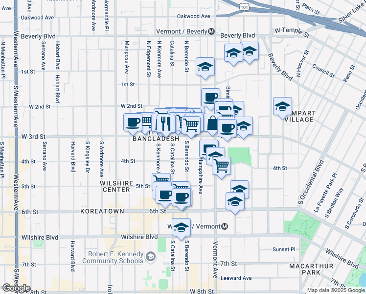 map of restaurants, bars, coffee shops, grocery stores, and more near 333 South Berendo Street in Los Angeles