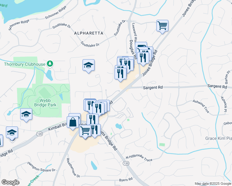 map of restaurants, bars, coffee shops, grocery stores, and more near 5231 Wellsley Bend in Alpharetta