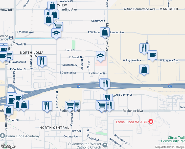 map of restaurants, bars, coffee shops, grocery stores, and more near 1965 East Coulston Street in Loma Linda