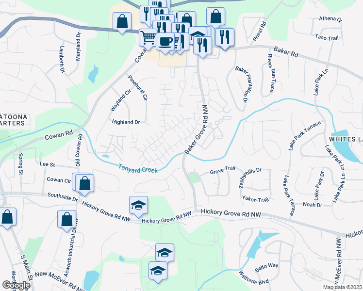 map of restaurants, bars, coffee shops, grocery stores, and more near 244 Windcroft Circle Northwest in Acworth