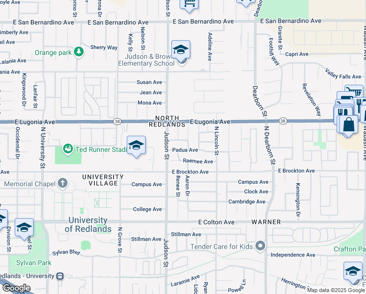 map of restaurants, bars, coffee shops, grocery stores, and more near 1421 Padua Avenue in Redlands