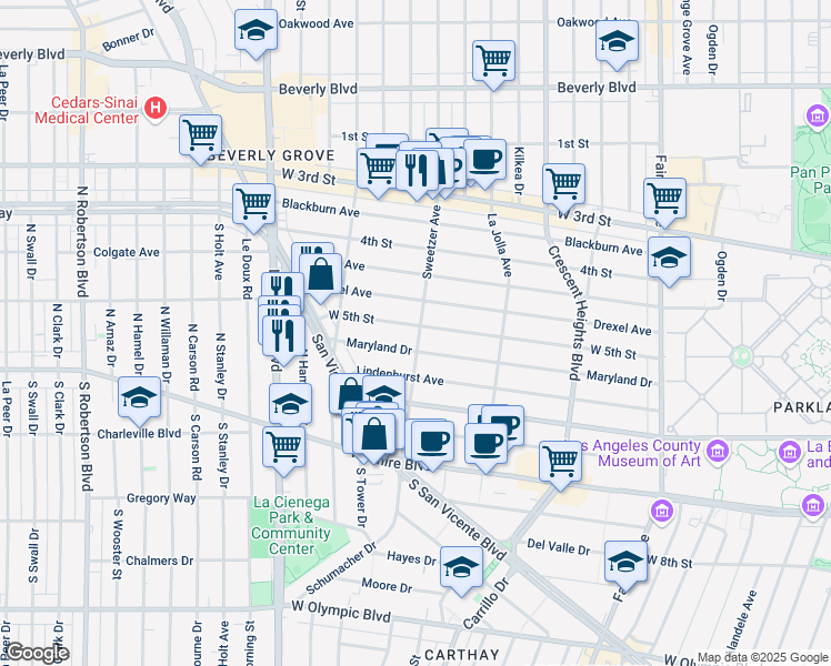 map of restaurants, bars, coffee shops, grocery stores, and more near 6600 West 5th Street in Los Angeles