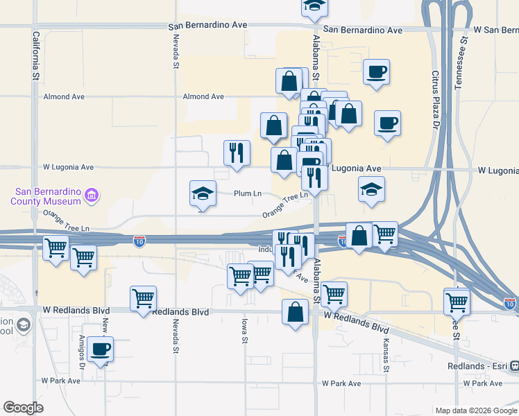 map of restaurants, bars, coffee shops, grocery stores, and more near 1722 Orange Tree Lane in Redlands