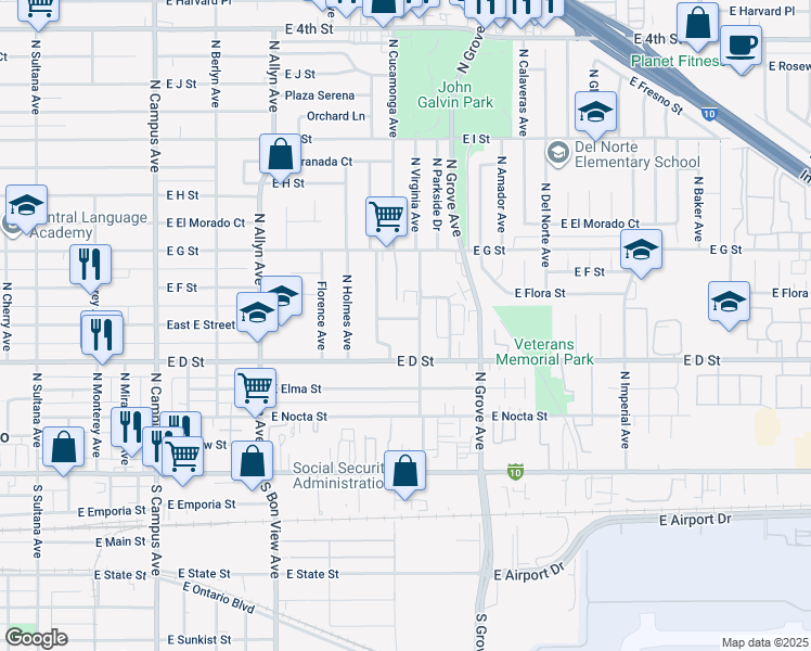 map of restaurants, bars, coffee shops, grocery stores, and more near 1116 East E Street in Ontario