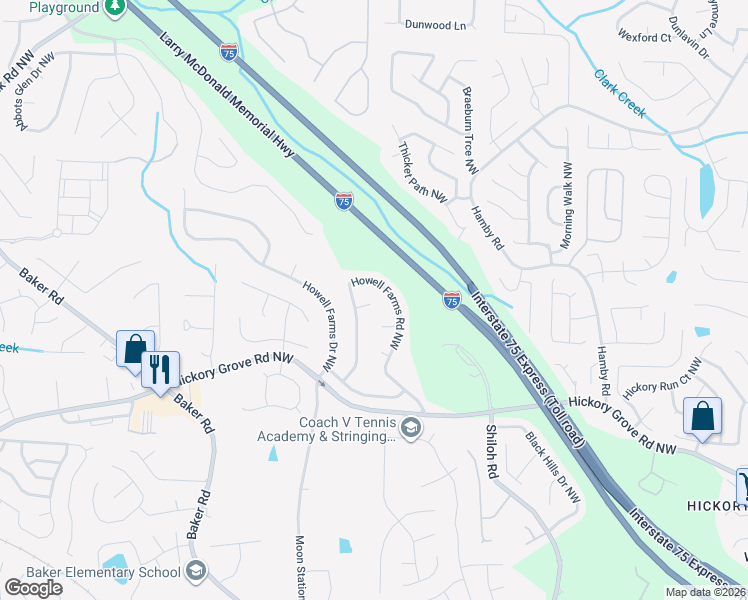 map of restaurants, bars, coffee shops, grocery stores, and more near 2220 Howell Farms Summit in Acworth