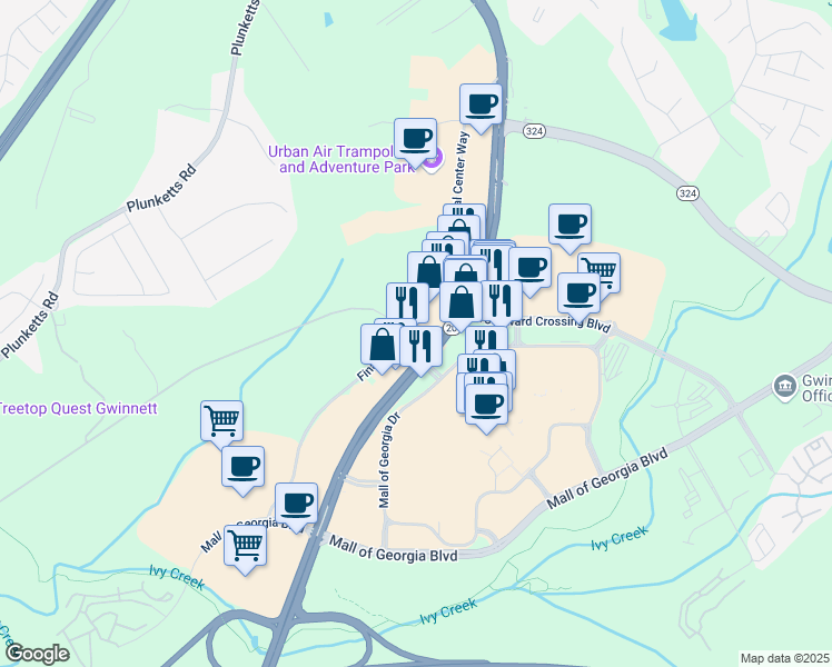 map of restaurants, bars, coffee shops, grocery stores, and more near 3276 Buford Drive Northeast in Buford