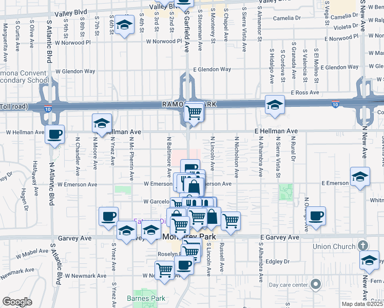 map of restaurants, bars, coffee shops, grocery stores, and more near 600 North Garfield Avenue in Monterey Park
