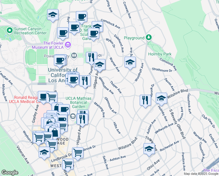 map of restaurants, bars, coffee shops, grocery stores, and more near 722 Westholme Avenue in Los Angeles