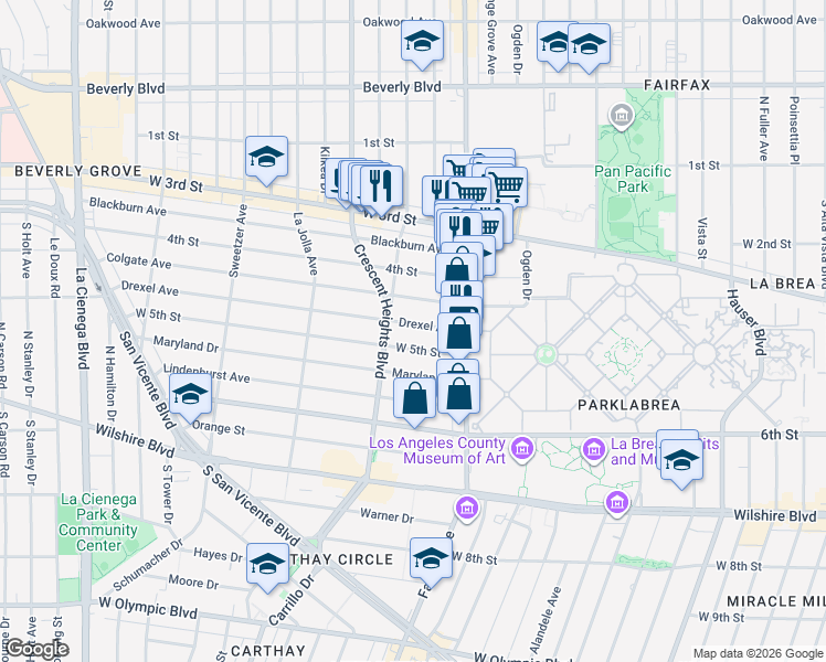 map of restaurants, bars, coffee shops, grocery stores, and more near 6217 West 5th Street in Los Angeles