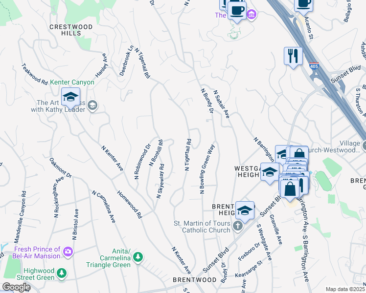 map of restaurants, bars, coffee shops, grocery stores, and more near 491 North Tigertail Road in Los Angeles