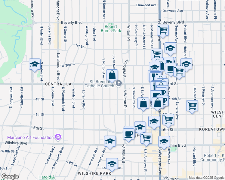 map of restaurants, bars, coffee shops, grocery stores, and more near 333 South Van Ness Avenue in Los Angeles