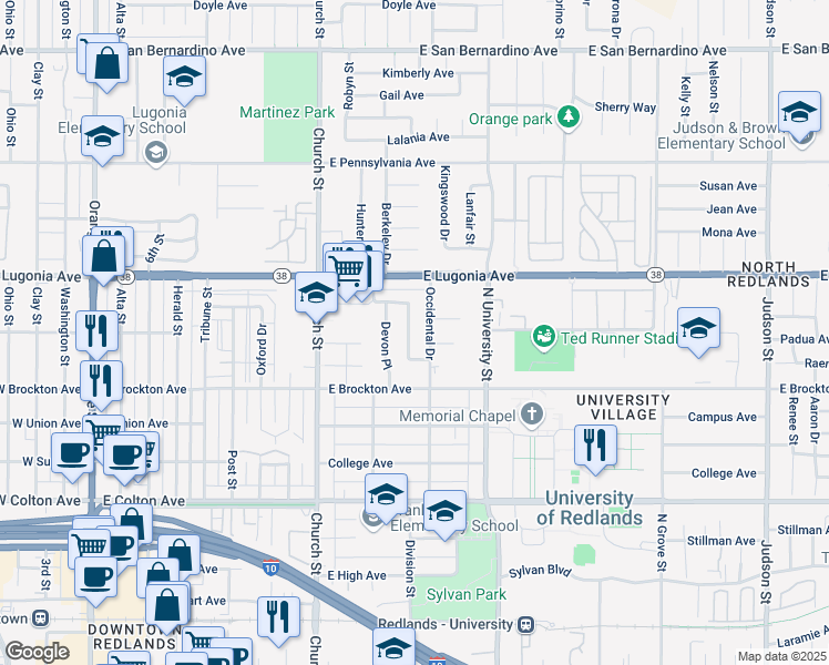 map of restaurants, bars, coffee shops, grocery stores, and more near 931 Barbra Lane in Redlands