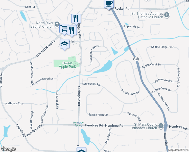 map of restaurants, bars, coffee shops, grocery stores, and more near 8625 Hope Vine in Roswell