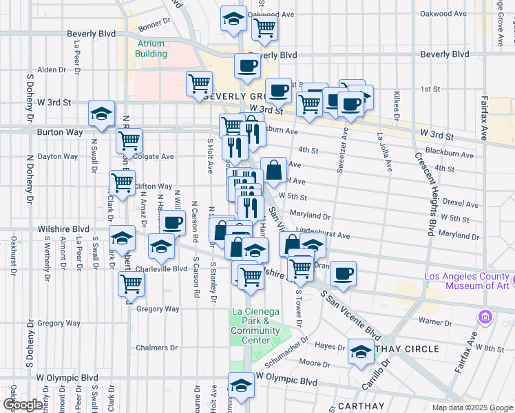 map of restaurants, bars, coffee shops, grocery stores, and more near 147 North Hamilton Drive in Beverly Hills
