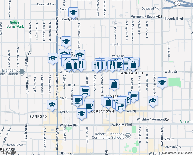 map of restaurants, bars, coffee shops, grocery stores, and more near 324 South Kingsley Drive in Los Angeles