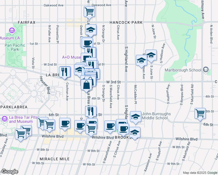 map of restaurants, bars, coffee shops, grocery stores, and more near 319 South Mansfield Avenue in Los Angeles