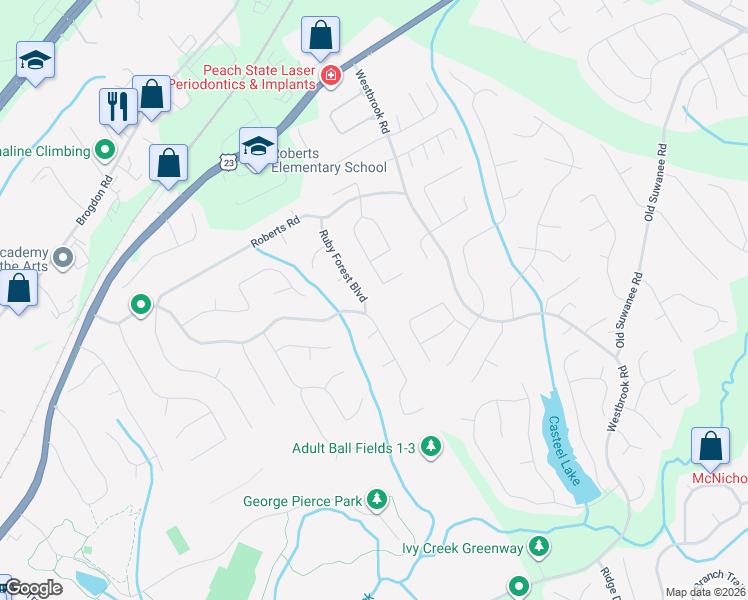 map of restaurants, bars, coffee shops, grocery stores, and more near 4115 Ruby Forest Boulevard in Suwanee