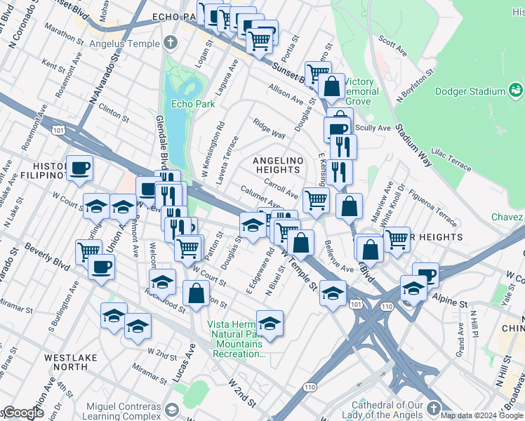 map of restaurants, bars, coffee shops, grocery stores, and more near 1347 Bellevue Avenue in Los Angeles