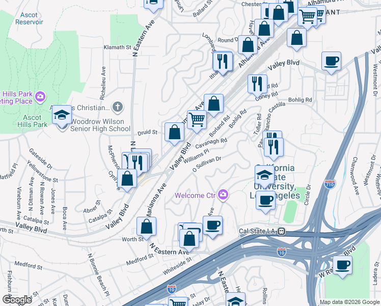 map of restaurants, bars, coffee shops, grocery stores, and more near 2128 North Marianna Avenue in Los Angeles