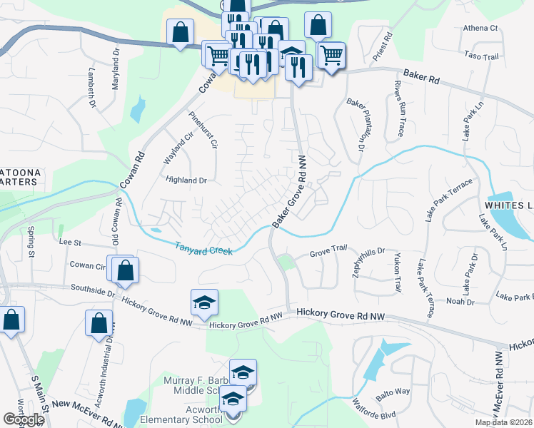 map of restaurants, bars, coffee shops, grocery stores, and more near 244 Windcroft Circle Northwest in Acworth