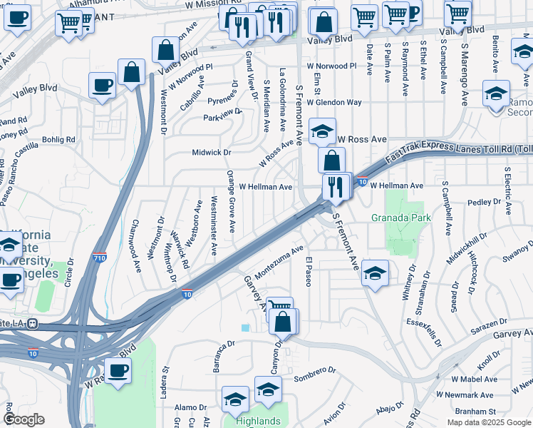 map of restaurants, bars, coffee shops, grocery stores, and more near 2203 La Paloma Avenue in Alhambra