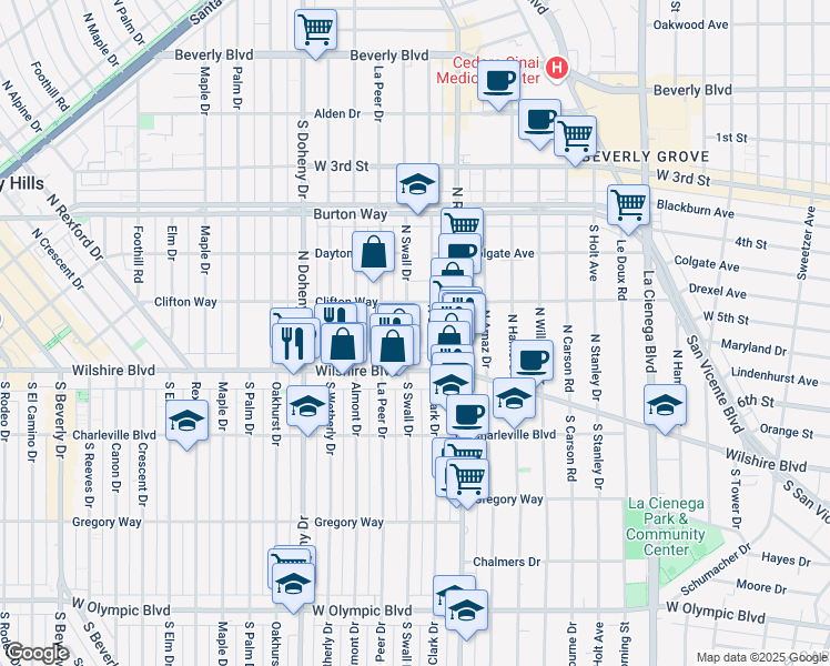 map of restaurants, bars, coffee shops, grocery stores, and more near 133 North Swall Drive in Beverly Hills