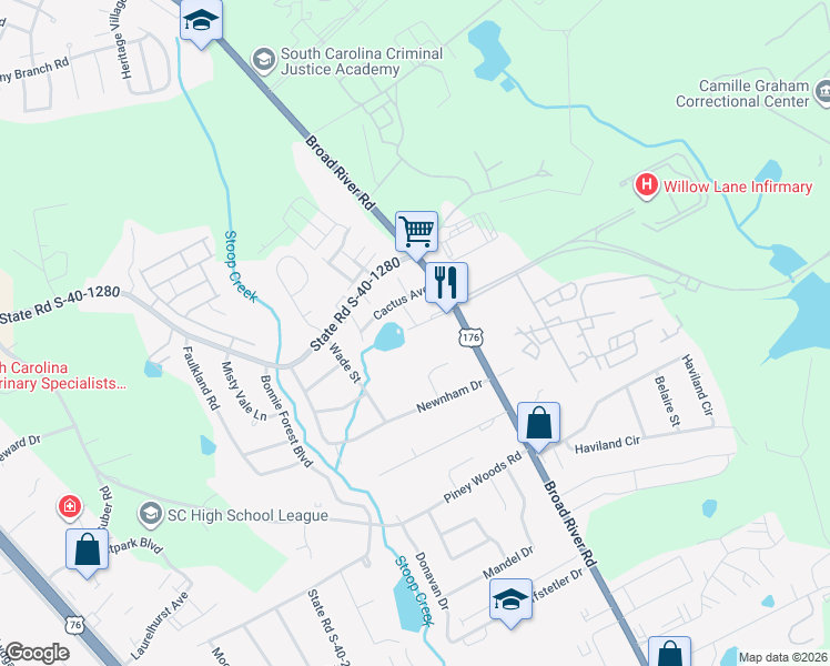 map of restaurants, bars, coffee shops, grocery stores, and more near 1224 Grove Park Lane in Columbia