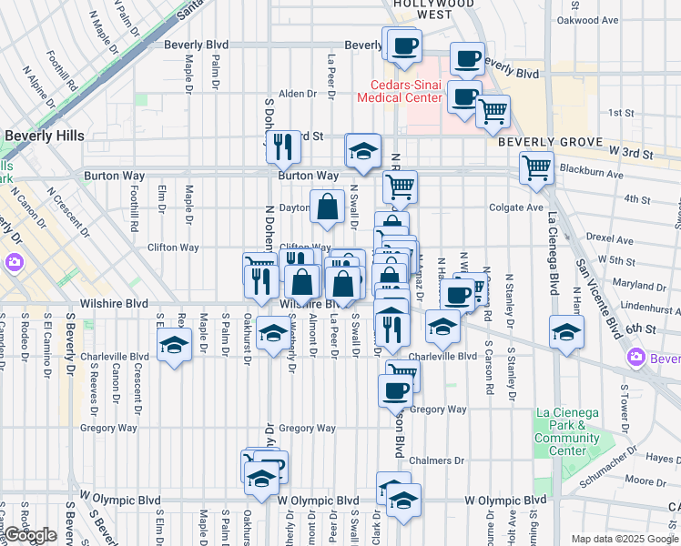 map of restaurants, bars, coffee shops, grocery stores, and more near 138 North La Peer Drive in Beverly Hills