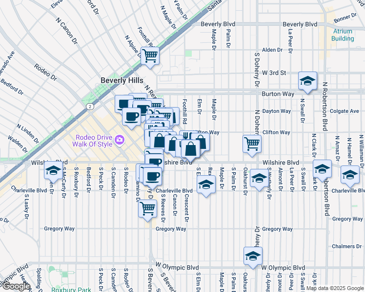 map of restaurants, bars, coffee shops, grocery stores, and more near 170 North Crescent Drive in Beverly Hills