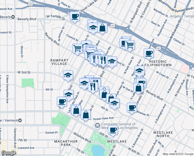 map of restaurants, bars, coffee shops, grocery stores, and more near 215 South Rampart Boulevard in Los Angeles