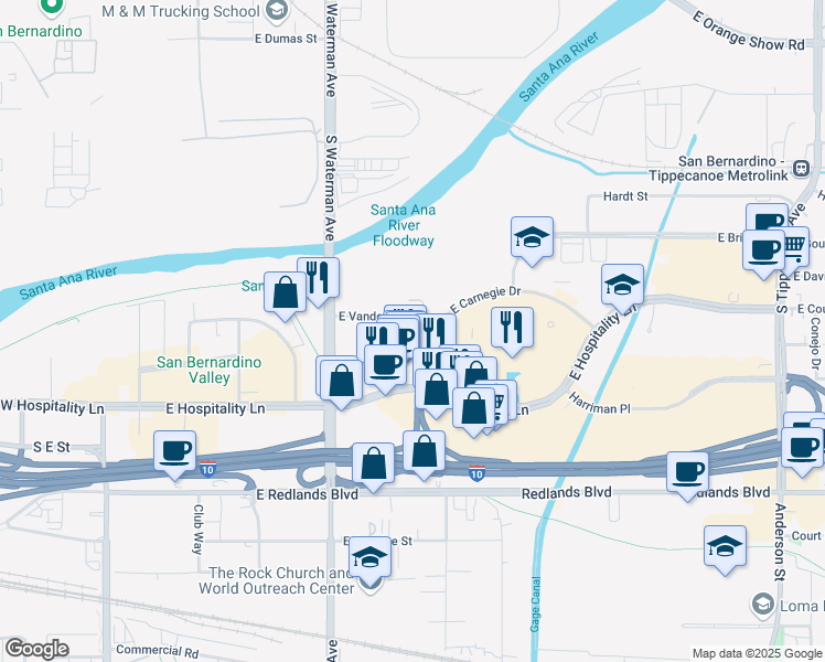 map of restaurants, bars, coffee shops, grocery stores, and more near 451 East Vanderbilt Way in San Bernardino