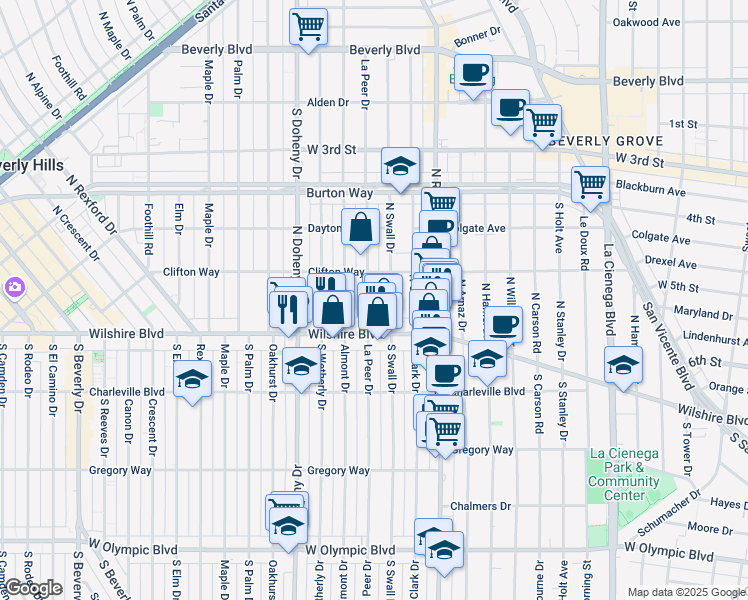 map of restaurants, bars, coffee shops, grocery stores, and more near 138 North La Peer Drive in Beverly Hills