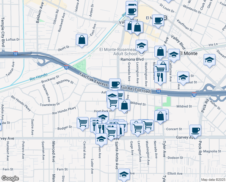 map of restaurants, bars, coffee shops, grocery stores, and more near 10521 Asher Street in El Monte