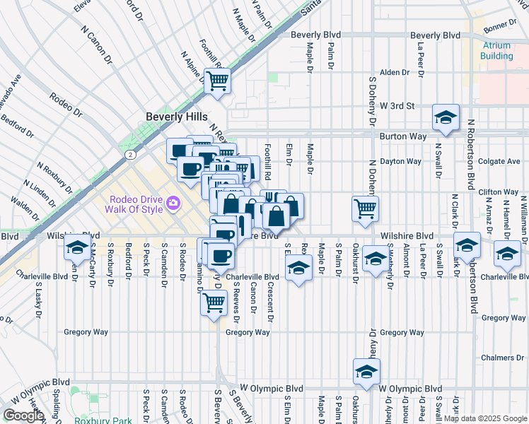 map of restaurants, bars, coffee shops, grocery stores, and more near 170 North Crescent Drive in Beverly Hills