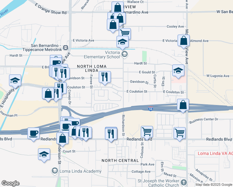 map of restaurants, bars, coffee shops, grocery stores, and more near 1565 East Coulston Street in San Bernardino