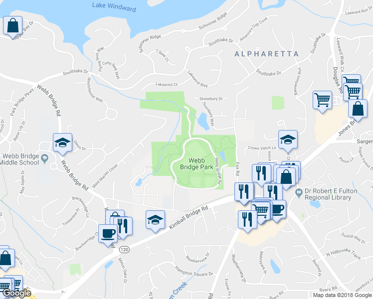 map of restaurants, bars, coffee shops, grocery stores, and more near 4780 Webb Bridge Road in Alpharetta