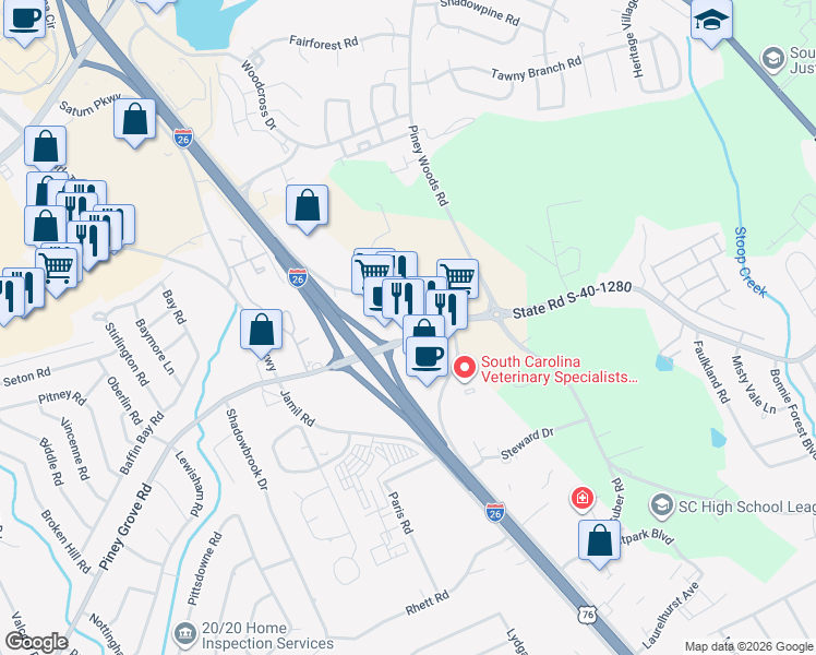 map of restaurants, bars, coffee shops, grocery stores, and more near 491 Piney Grove Road in Columbia
