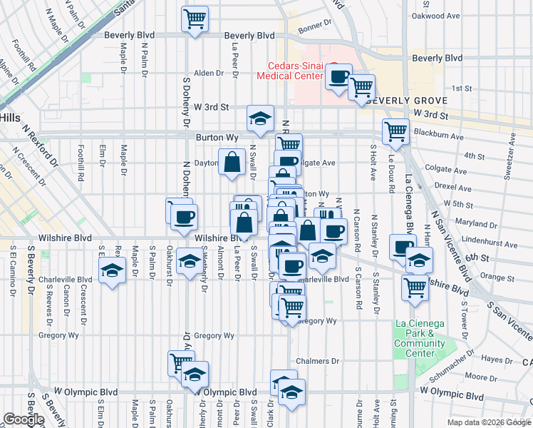 map of restaurants, bars, coffee shops, grocery stores, and more near 141 South Clark Drive in Los Angeles