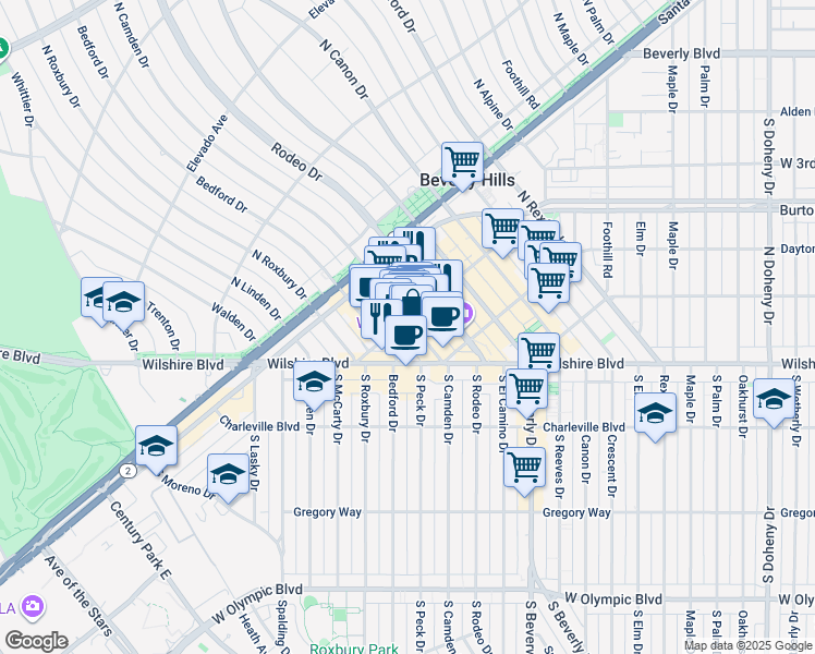 map of restaurants, bars, coffee shops, grocery stores, and more near in Beverly Hills