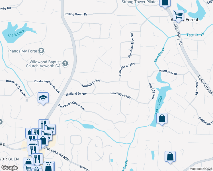 map of restaurants, bars, coffee shops, grocery stores, and more near 1157 Norfolk Dr NW in Acworth