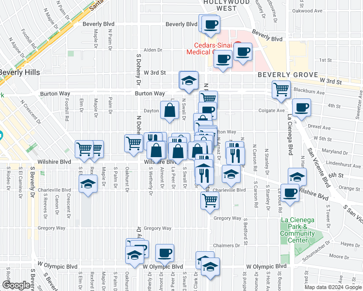 map of restaurants, bars, coffee shops, grocery stores, and more near 141 1/2 North Swall Drive in Beverly Hills