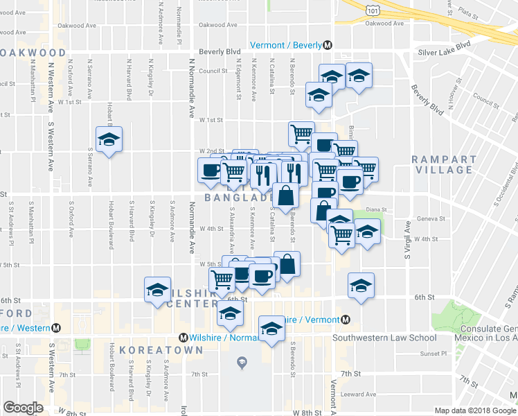 map of restaurants, bars, coffee shops, grocery stores, and more near 324 South Kenmore Avenue in Los Angeles
