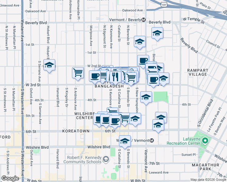 map of restaurants, bars, coffee shops, grocery stores, and more near 330 South Kenmore Avenue in Los Angeles