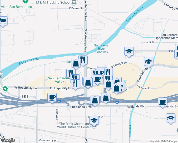 map of restaurants, bars, coffee shops, grocery stores, and more near 301 East Vanderbilt Way in San Bernardino