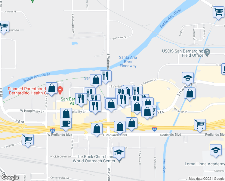 map of restaurants, bars, coffee shops, grocery stores, and more near 301 East Vanderbilt Way in San Bernardino