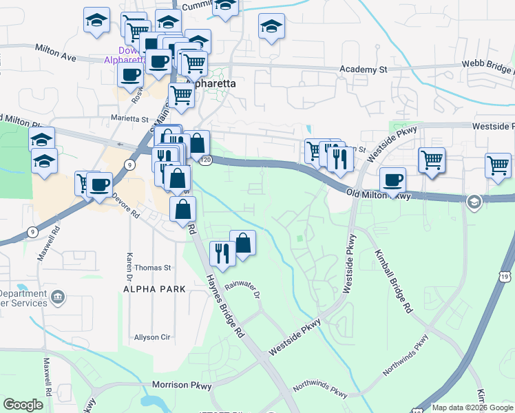 map of restaurants, bars, coffee shops, grocery stores, and more near 706 Nottaway Lane in Alpharetta