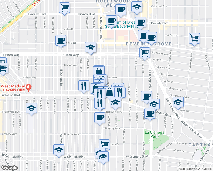 map of restaurants, bars, coffee shops, grocery stores, and more near 153 North Arnaz Drive in Beverly Hills