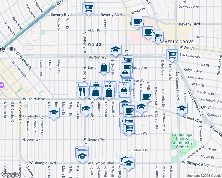 map of restaurants, bars, coffee shops, grocery stores, and more near 141 1/2 North Swall Drive in Beverly Hills
